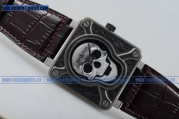 1:1 Bell & Ross BR 01 Burning Skull Watch Steel Brown Leather Strap (AAAF) - Click Image to Close